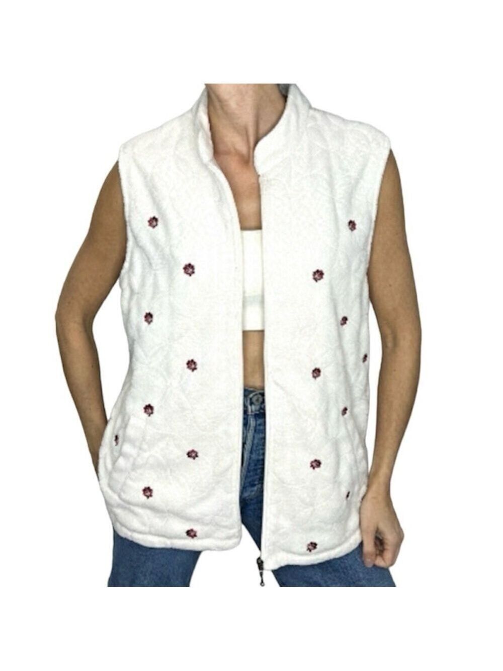 Vintage White Fleece Floral Embroidered Vest